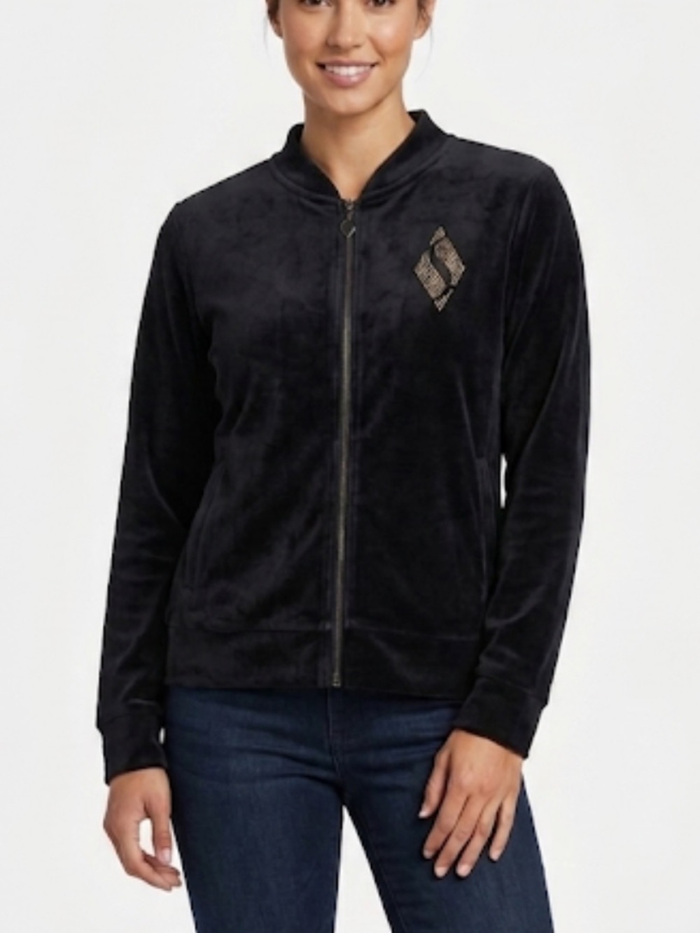 Skechers Black Velour Rhinestone Logo Zip Jacket